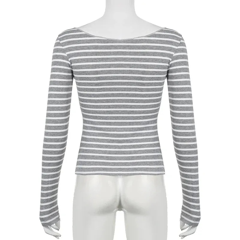 Metaversmall Casual Stripe Slim Autumn Tee Shirt Long Sleeve Spring Autumn Harajuku Basic Top Korean Preppy Style Pullover Knitted