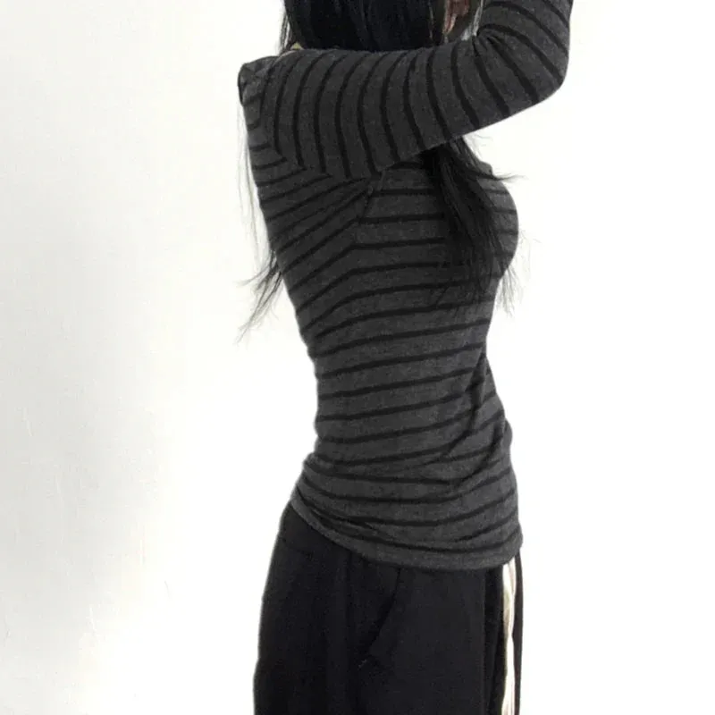 Metaversmall Casual Stripe Slim Autumn Tee Shirt Long Sleeve Spring Autumn Harajuku Basic Top Korean Preppy Style Pullover Knitted