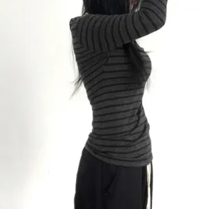 Metaversmall Casual Stripe Slim Autumn Tee Shirt Long Sleeve Spring Autumn Harajuku Basic Top Korean Preppy Style Pullover Knitted
