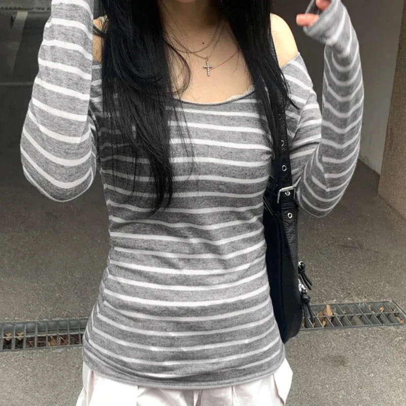 Metaversmall Casual Stripe Slim Autumn Tee Shirt Long Sleeve Spring Autumn Harajuku Basic Top Korean Preppy Style Pullover Knitted