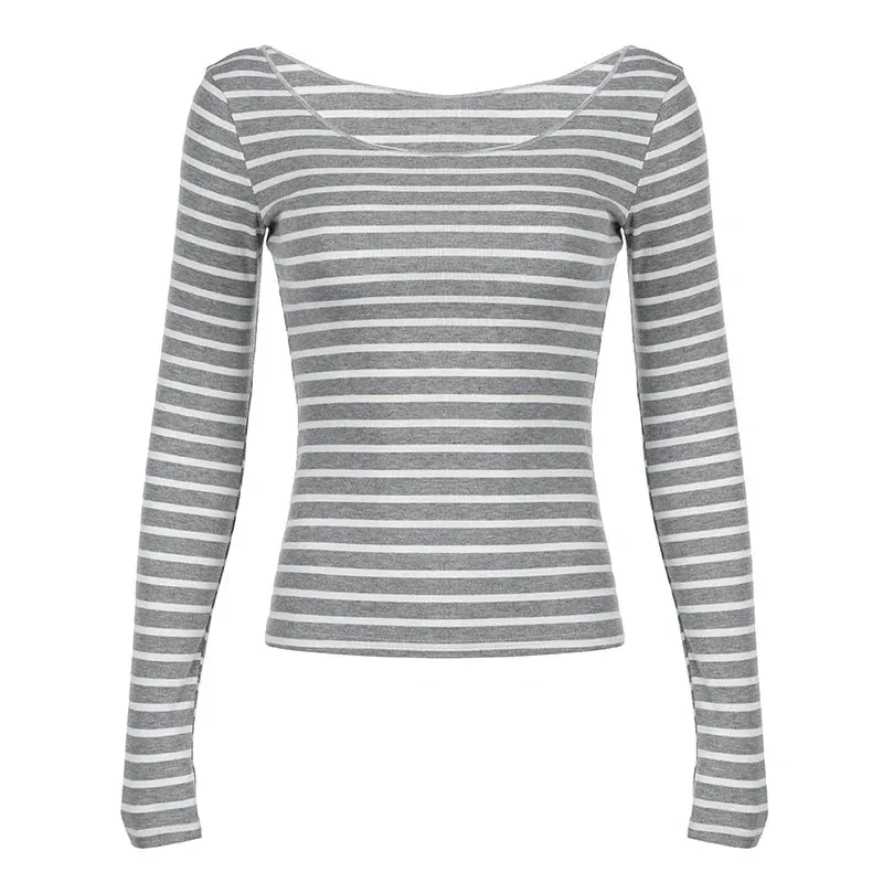 Metaversmall Casual Stripe Slim Autumn Tee Shirt Long Sleeve Spring Autumn Harajuku Basic Top Korean Preppy Style Pullover Knitted