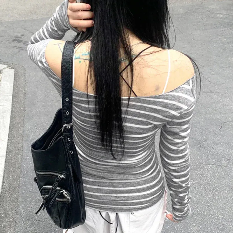 Metaversmall Casual Stripe Slim Autumn Tee Shirt Long Sleeve Spring Autumn Harajuku Basic Top Korean Preppy Style Pullover Knitted