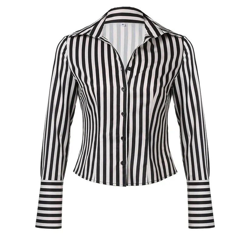 Metaversmall Fashion Chic Stripe Women Shirt Top Long Sleeve Cardigan Buttons-Up Vintage Elegant Spring Fall Blouse Y2K Clothing