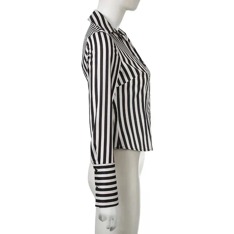 Metaversmall Fashion Chic Stripe Women Shirt Top Long Sleeve Cardigan Buttons-Up Vintage Elegant Spring Fall Blouse Y2K Clothing
