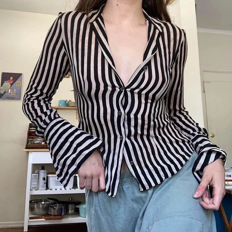Metaversmall Fashion Chic Stripe Women Shirt Top Long Sleeve Cardigan Buttons-Up Vintage Elegant Spring Fall Blouse Y2K Clothing