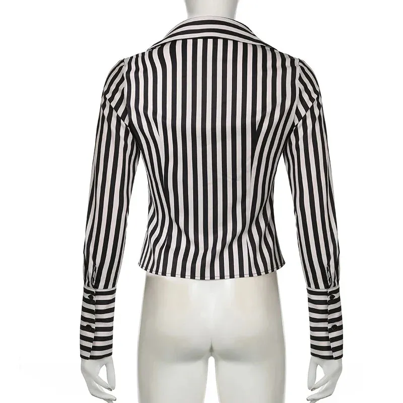 Metaversmall Fashion Chic Stripe Women Shirt Top Long Sleeve Cardigan Buttons-Up Vintage Elegant Spring Fall Blouse Y2K Clothing