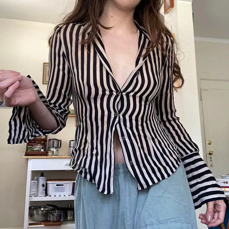 Metaversmall Fashion Chic Stripe Women Shirt Top Long Sleeve Cardigan Buttons-Up Vintage Elegant Spring Fall Blouse Y2K Clothing