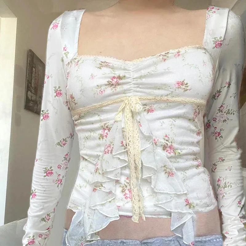 Metaversmall Korean Fashion Spring Autumn Women T-shirt Folds Lace Ruffles Patchwork Cute Coquette Slim Top Tee Girls Print Floral