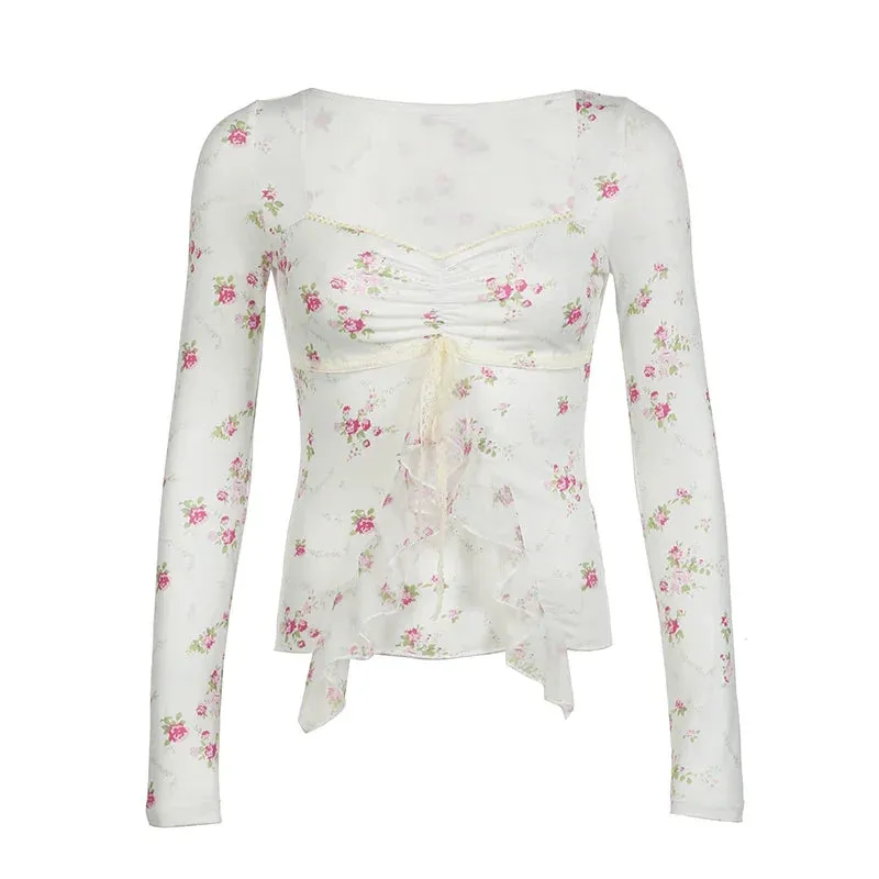 Metaversmall Korean Fashion Spring Autumn Women T-shirt Folds Lace Ruffles Patchwork Cute Coquette Slim Top Tee Girls Print Floral