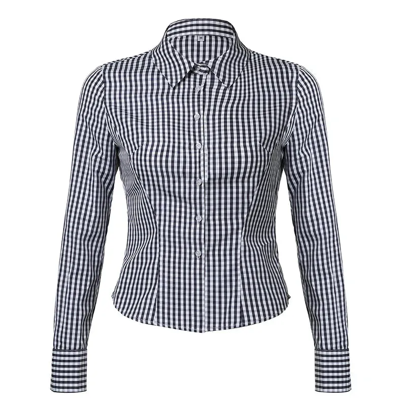Metaversmall Vintage Fashion Blue Plaid Blouses Female Long Sleeve Spring Autumn New Shirt Buttons Slim Vintage Cardigan Clothing