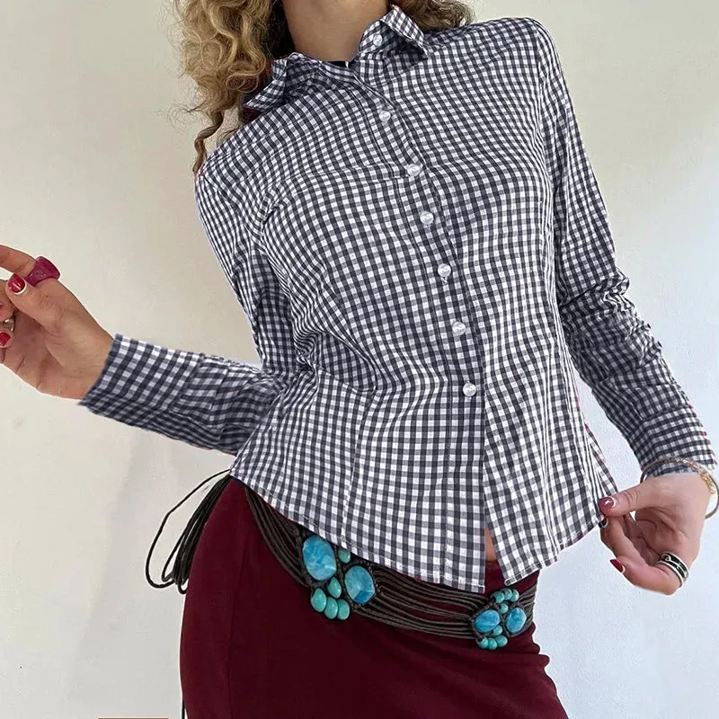 Metaversmall Vintage Fashion Blue Plaid Blouses Female Long Sleeve Spring Autumn New Shirt Buttons Slim Vintage Cardigan Clothing