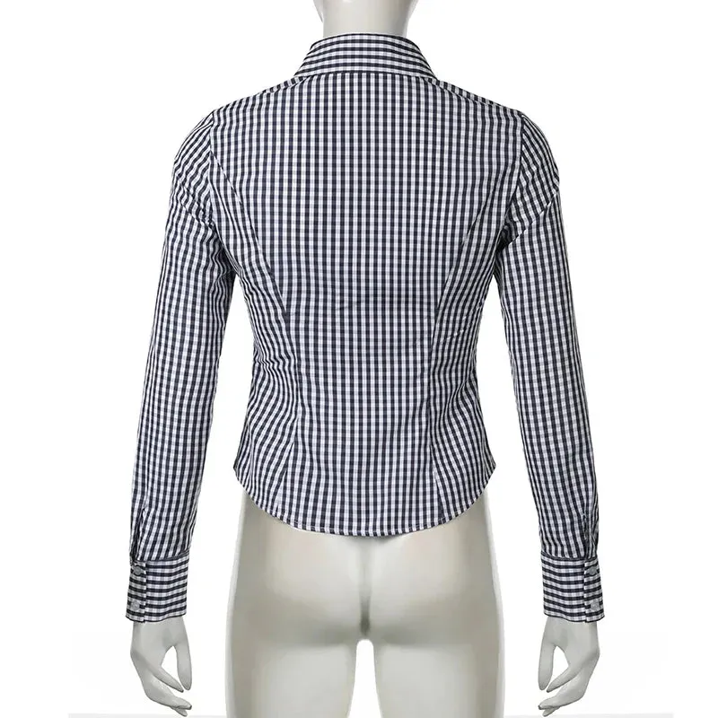 Metaversmall Vintage Fashion Blue Plaid Blouses Female Long Sleeve Spring Autumn New Shirt Buttons Slim Vintage Cardigan Clothing