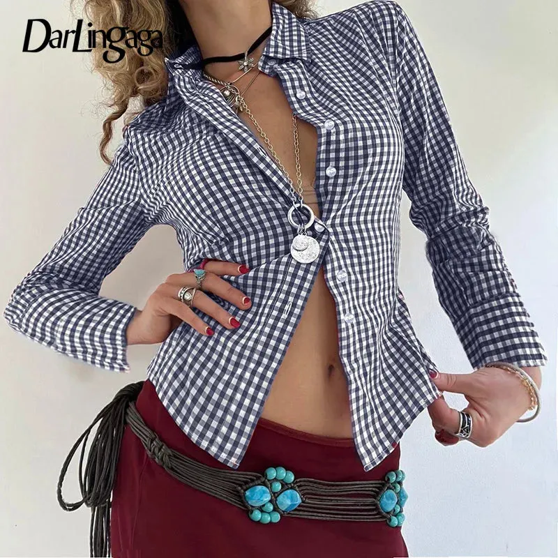 Metaversmall Vintage Fashion Blue Plaid Blouses Female Long Sleeve Spring Autumn New Shirt Buttons Slim Vintage Cardigan Clothing