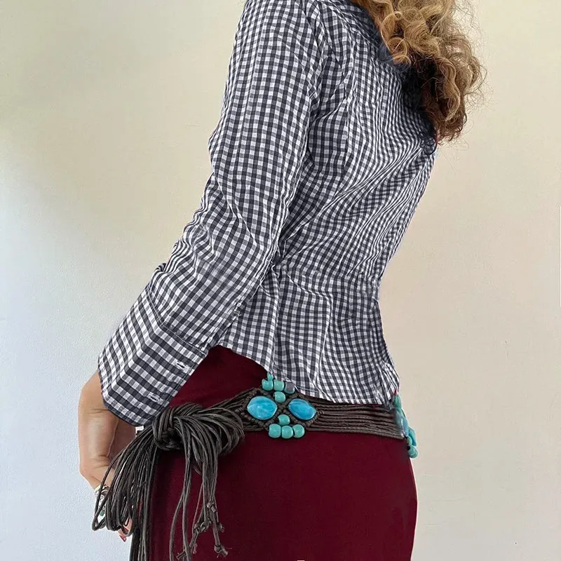 Metaversmall Vintage Fashion Blue Plaid Blouses Female Long Sleeve Spring Autumn New Shirt Buttons Slim Vintage Cardigan Clothing
