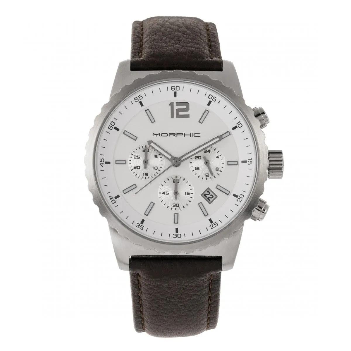 Morphic M67 Series Chronograph Leather-Band Watch w/Date - Silver/Brown