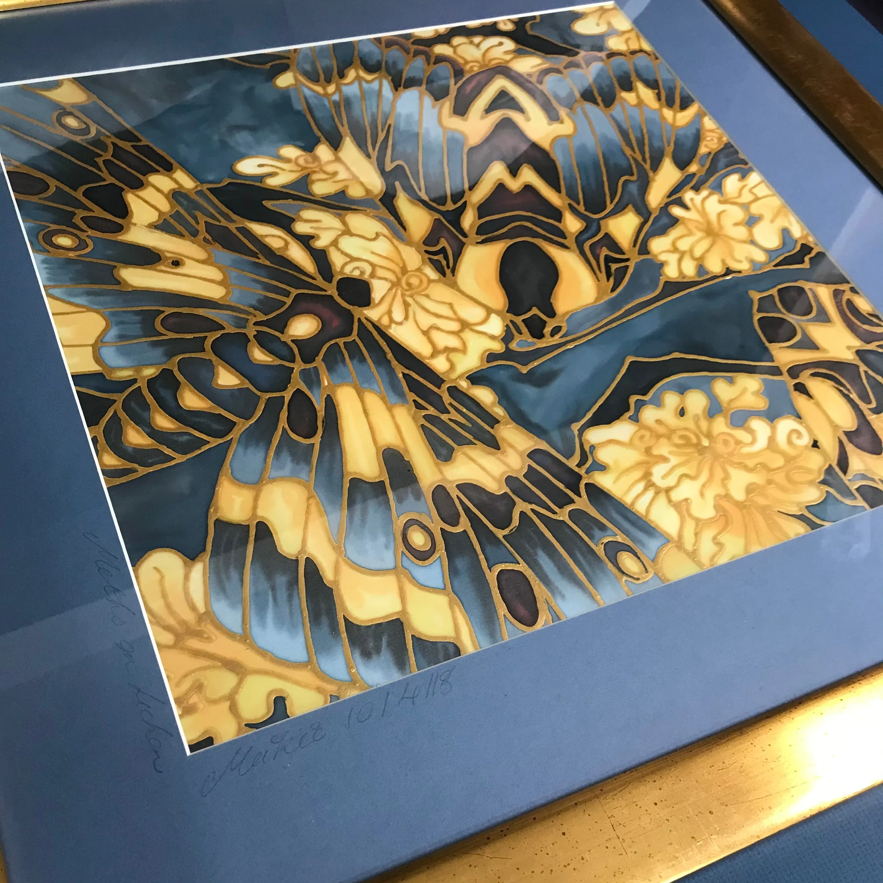 Moth on Lichen Painting - contemporary hand painted silk Butterflies - Blue Yellow Butterfly Original Art