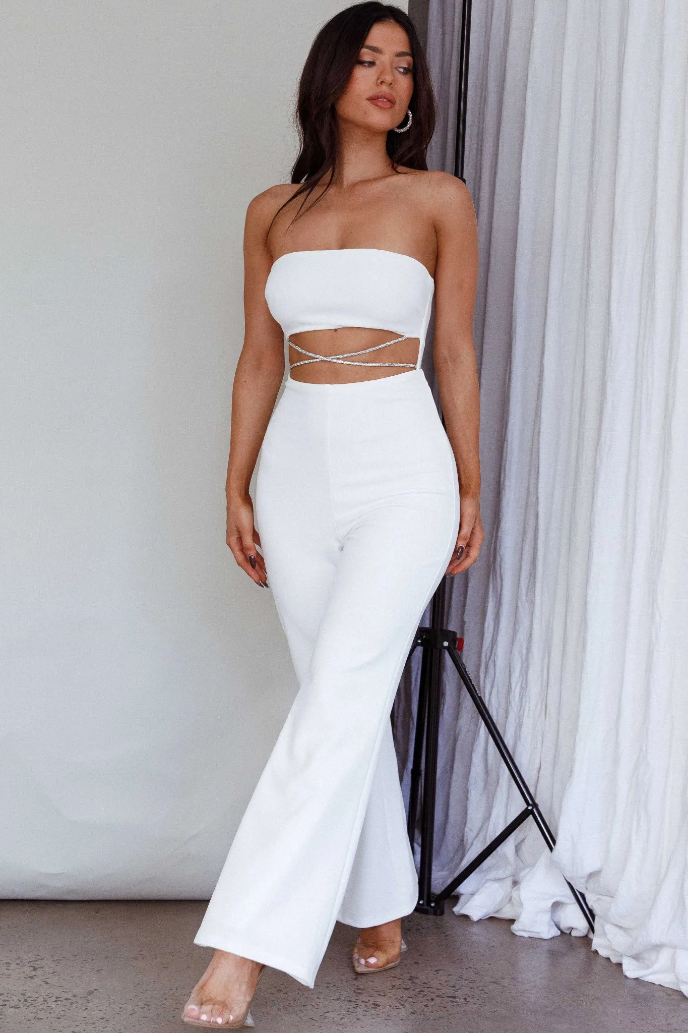 Nohemi Strapless Diamante Jumpsuit White