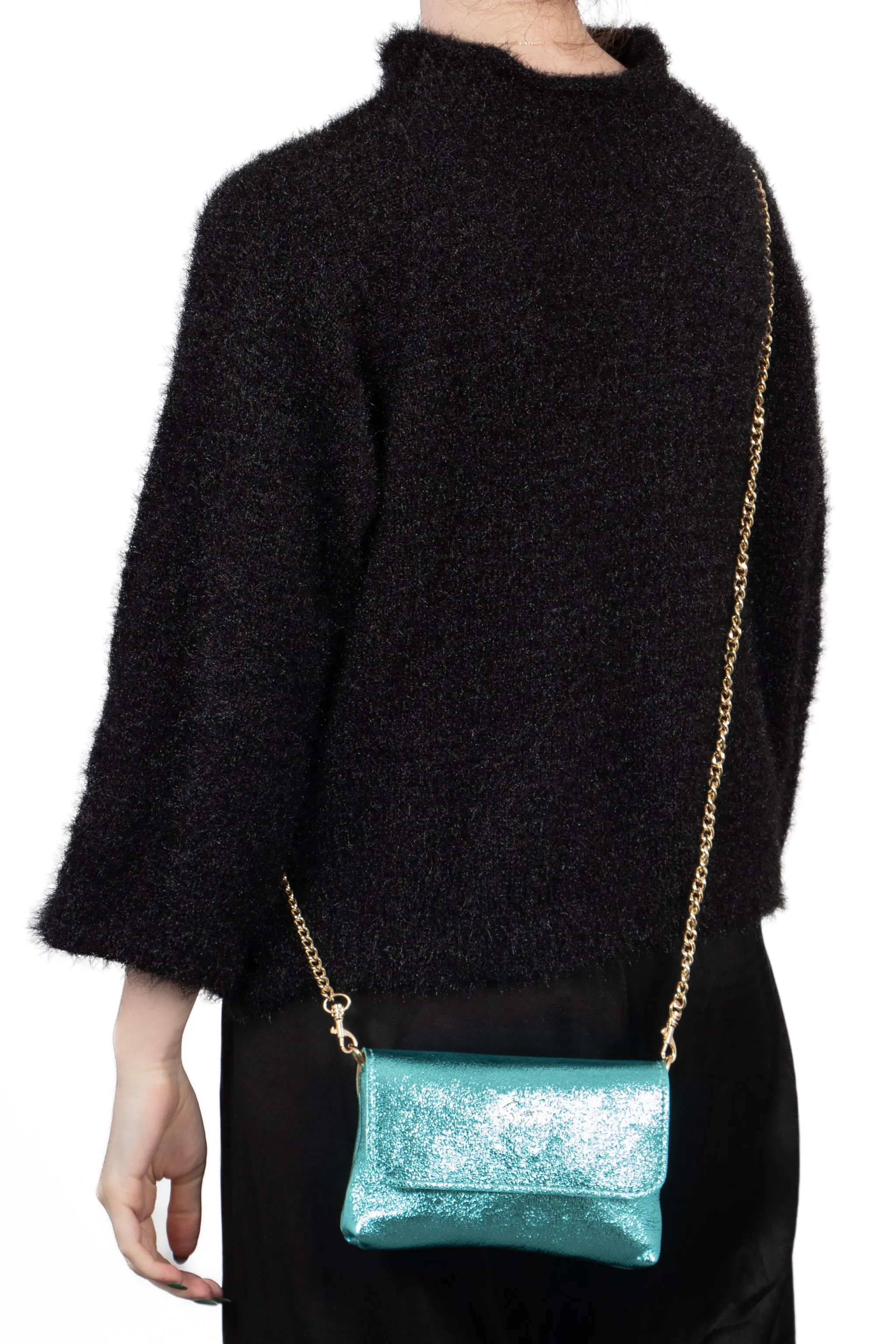 Olga - Italian Leather Mini Crossbody Bag - Aqua , Metallic