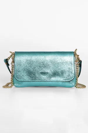 Olga - Italian Leather Mini Crossbody Bag - Aqua , Metallic