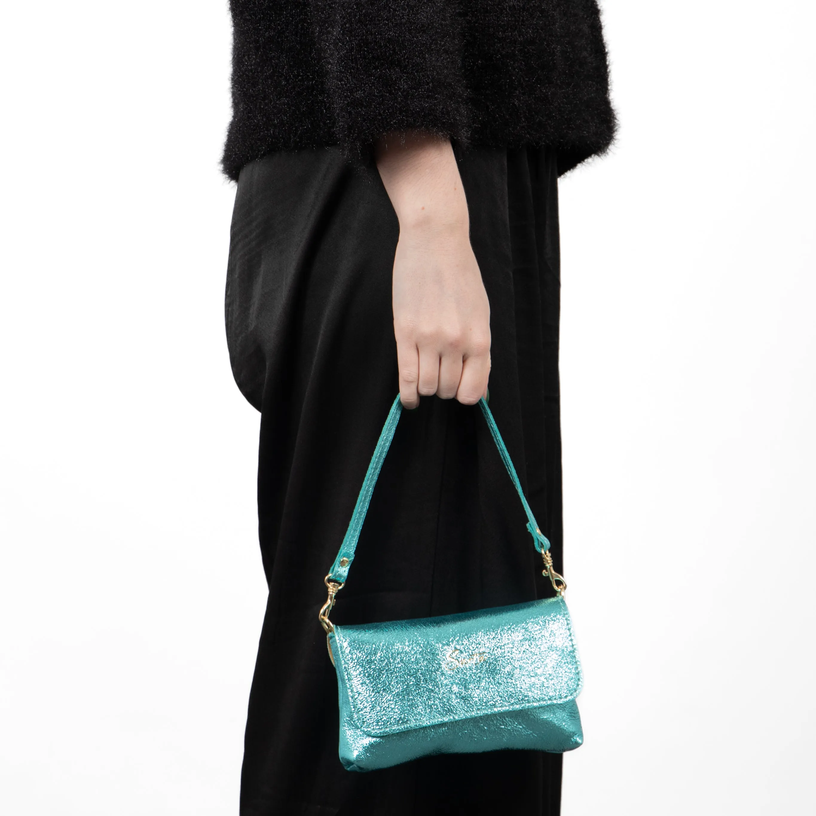 Olga - Italian Leather Mini Crossbody Bag - Aqua , Metallic