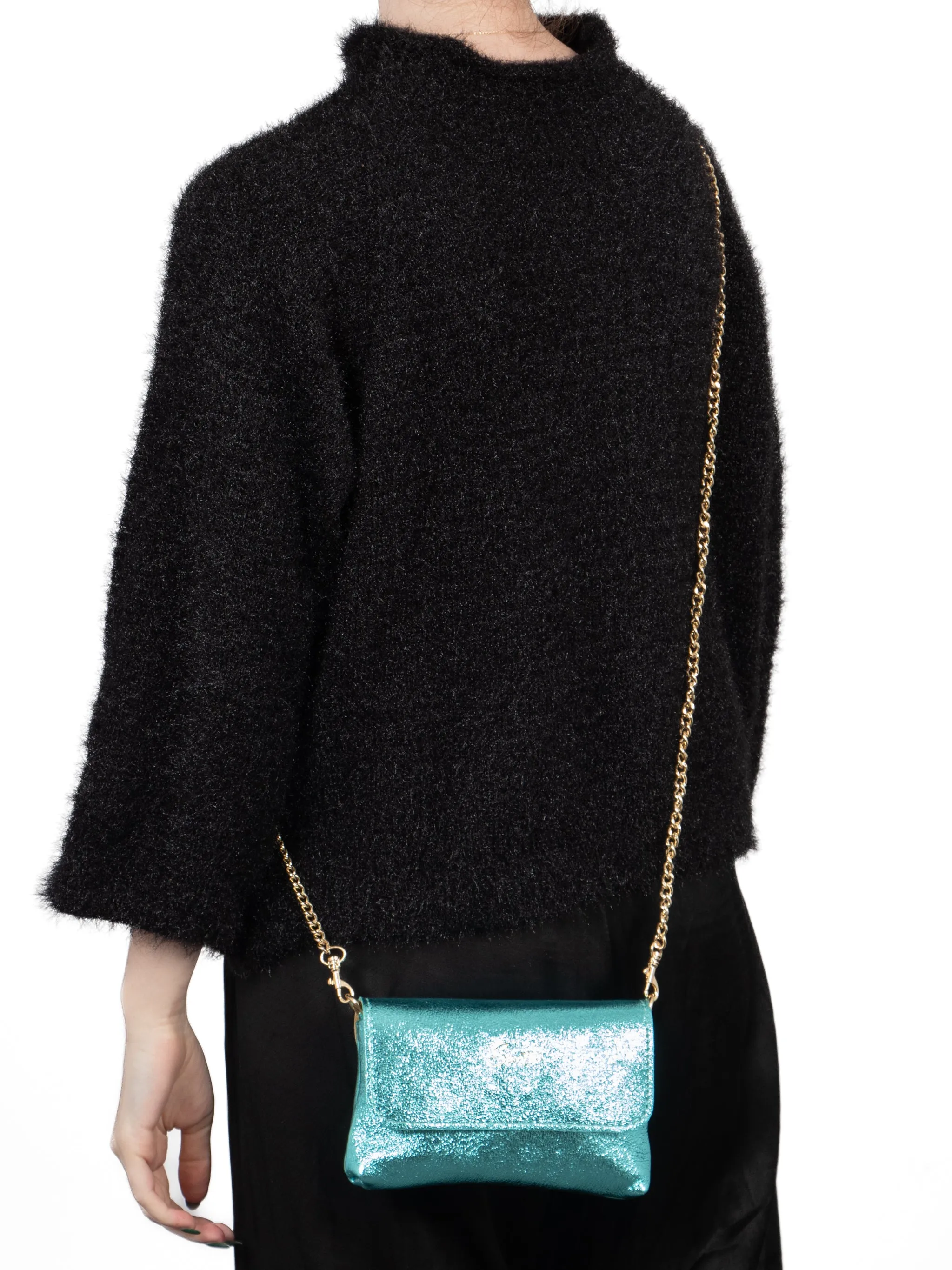Olga - Italian Leather Mini Crossbody Bag - Aqua , Metallic