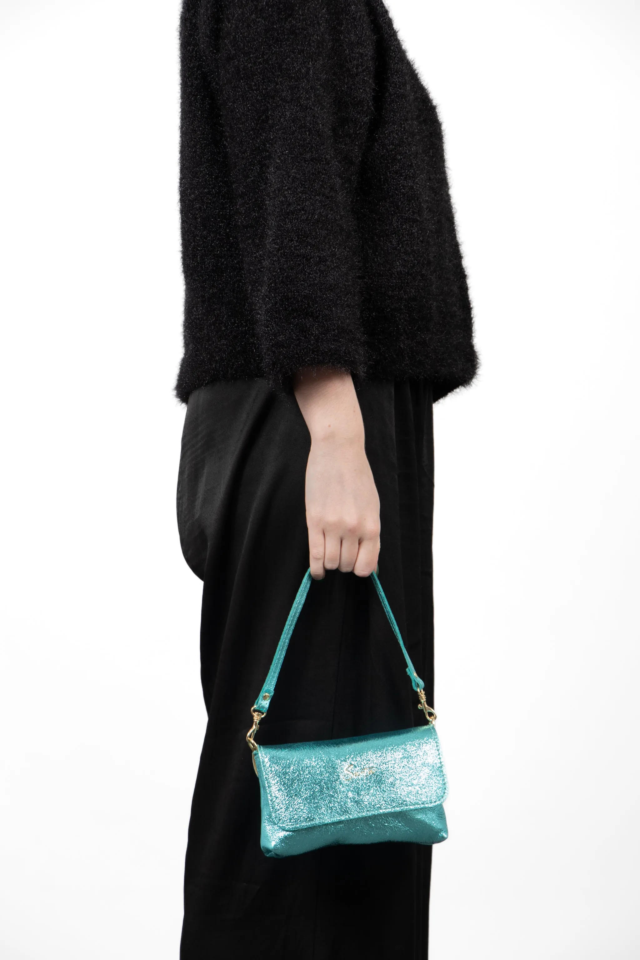 Olga - Italian Leather Mini Crossbody Bag - Aqua , Metallic