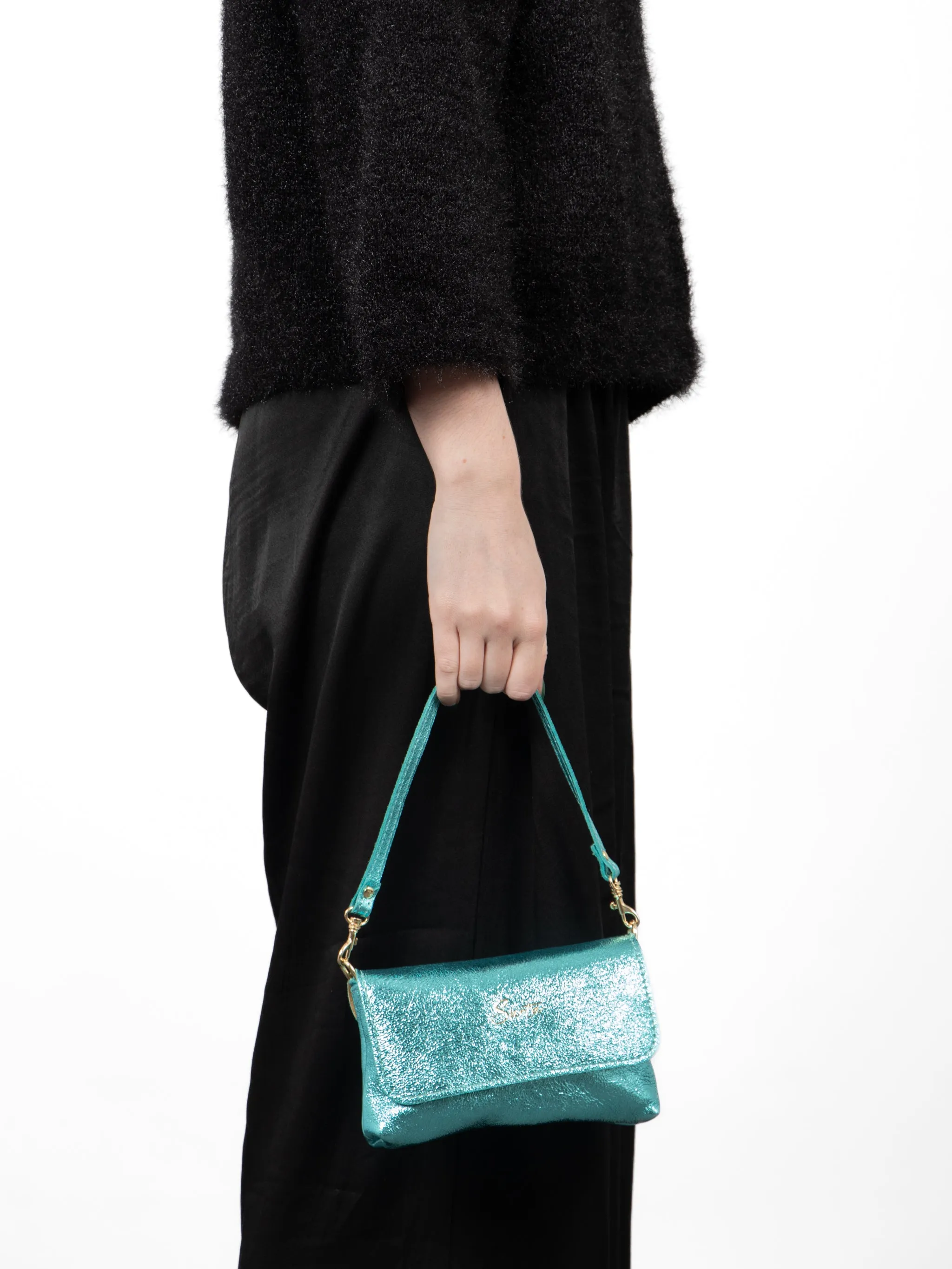 Olga - Italian Leather Mini Crossbody Bag - Aqua , Metallic