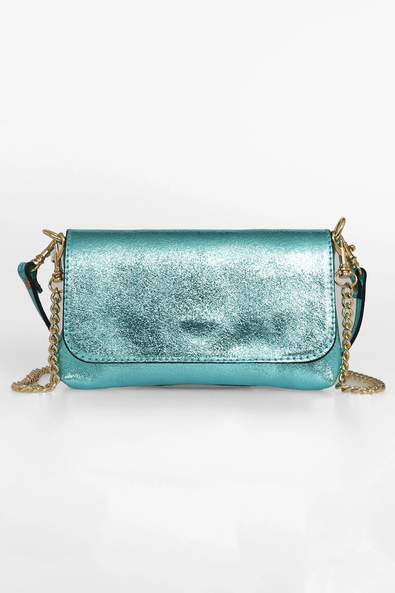 Olga - Italian Leather Mini Crossbody Bag - Aqua , Metallic