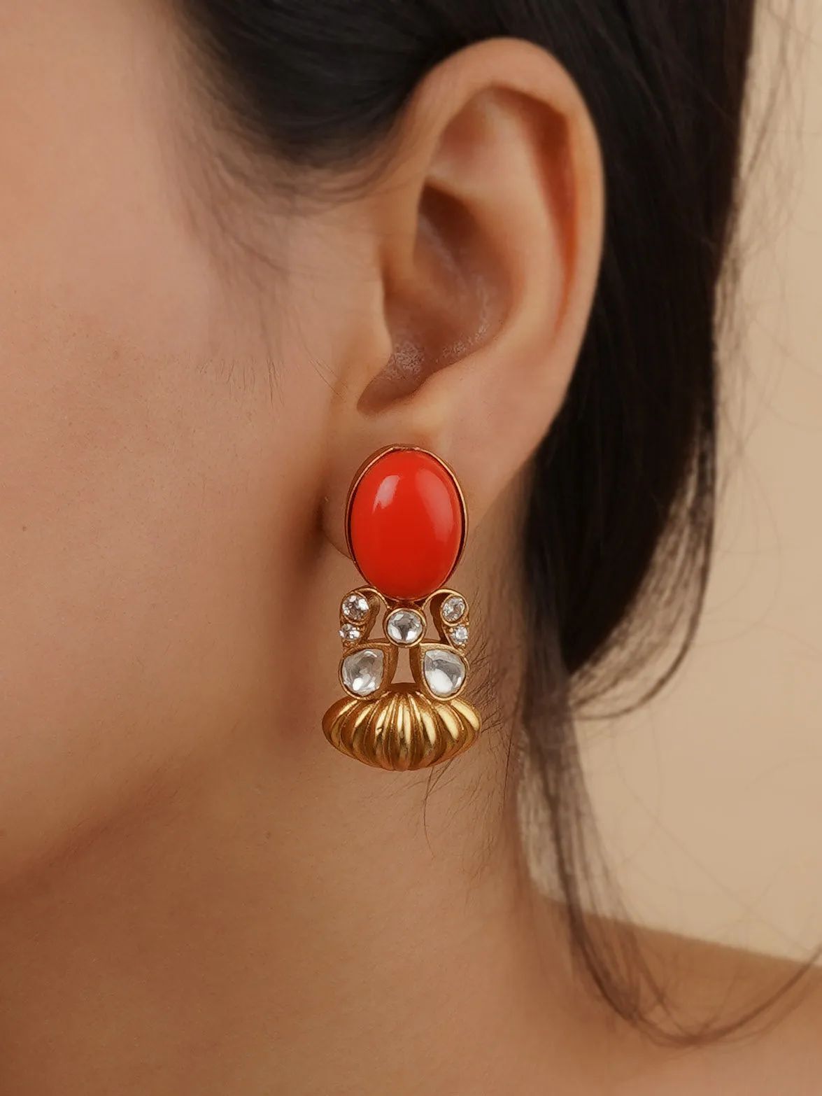 Orange Color Gold Plated Faux Polki Earrings - PK-E53OR