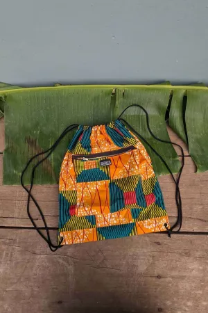 Orange Kente Drawstring Bag