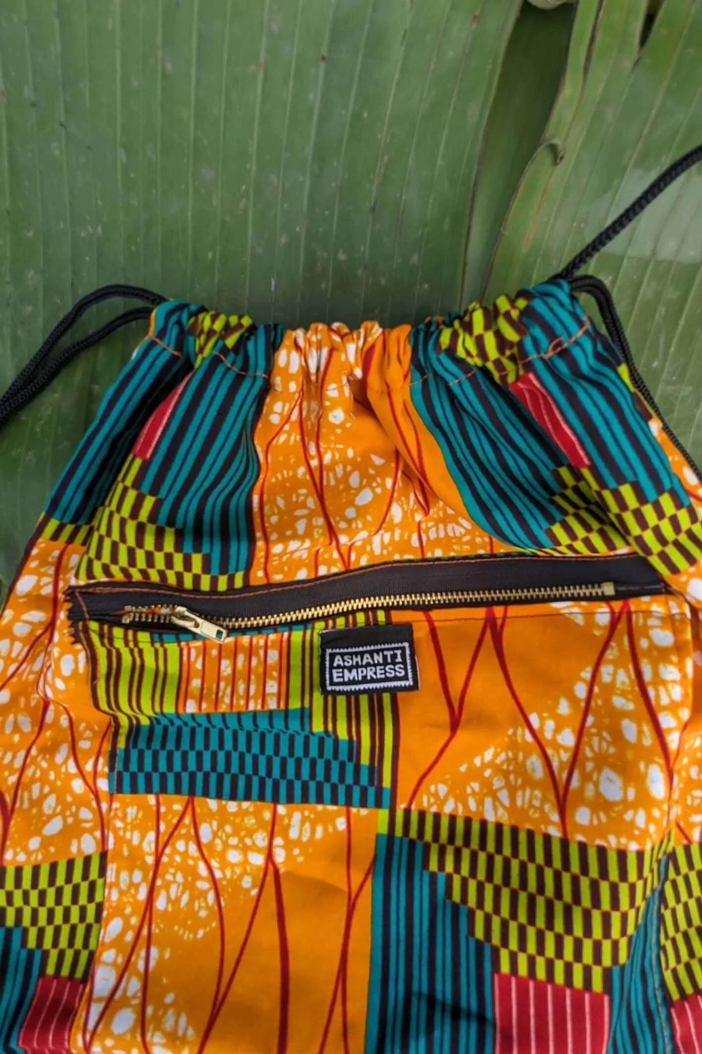 Orange Kente Drawstring Bag