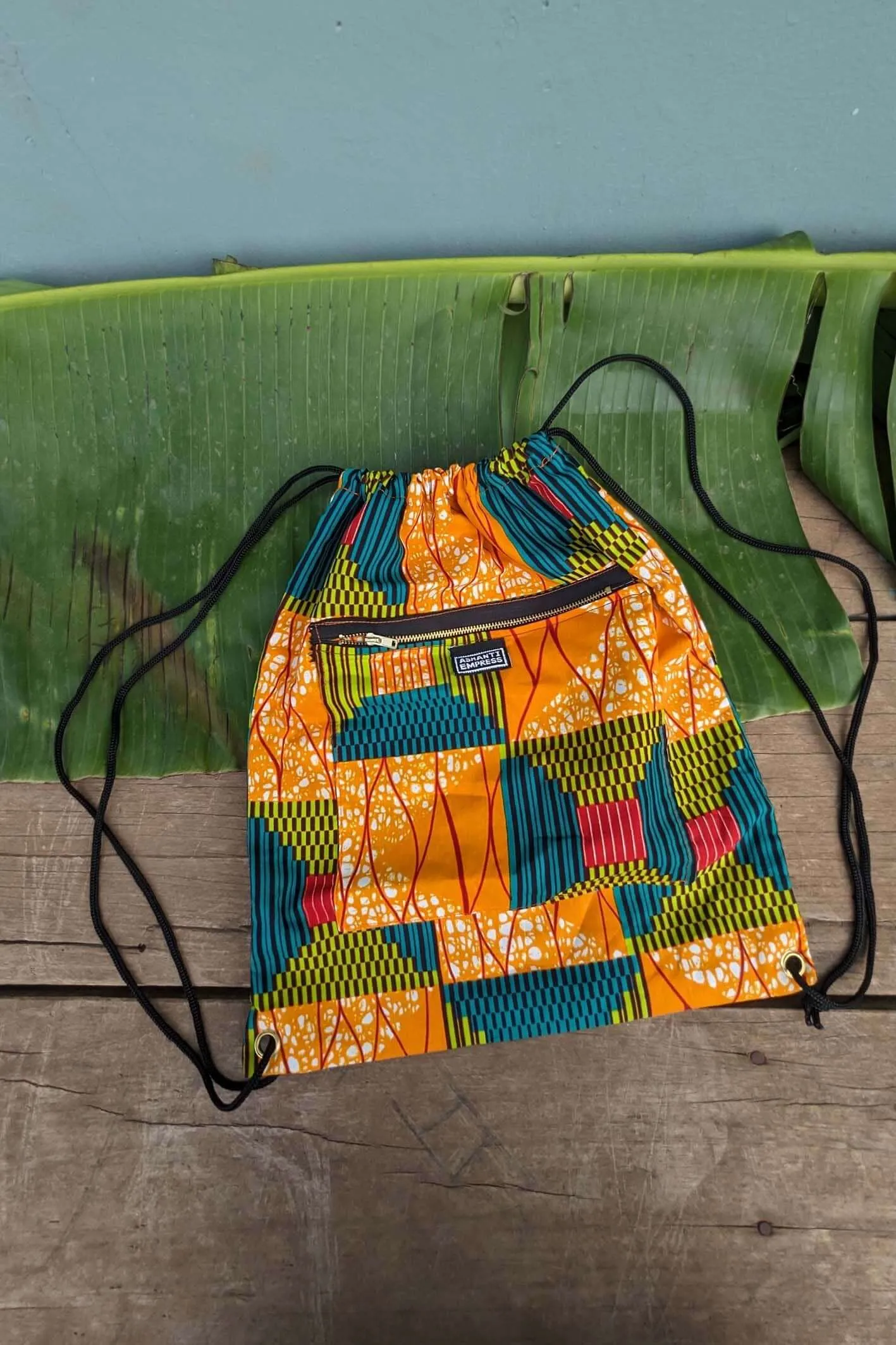 Orange Kente Drawstring Bag