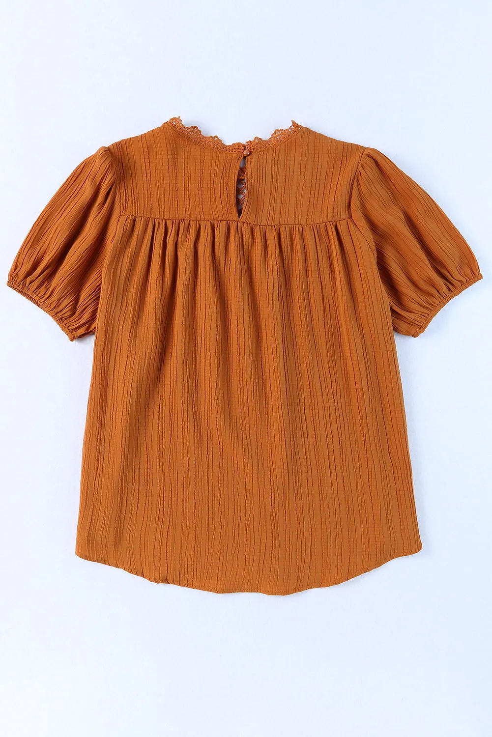 Orange Textured Lace Crochet Casual Keyhole Puff Sleeve Blouse