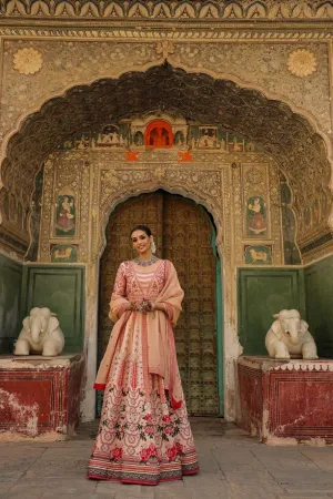 Peach Mughal Raw Silk Lehenga Set