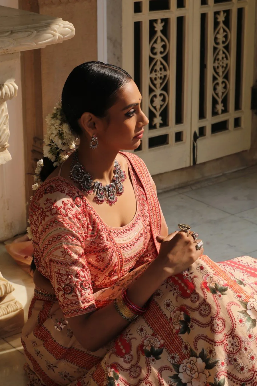 Peach Mughal Raw Silk Lehenga Set