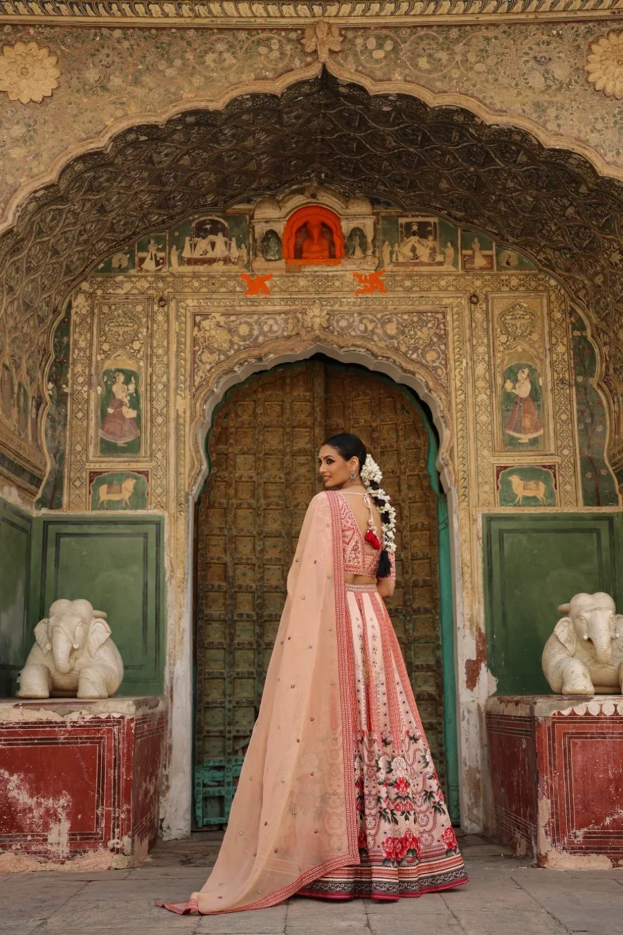 Peach Mughal Raw Silk Lehenga Set