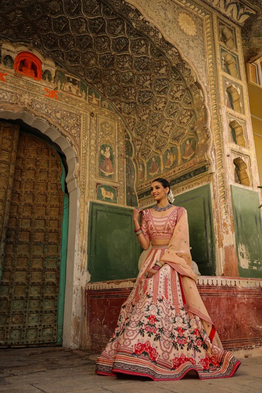Peach Mughal Raw Silk Lehenga Set