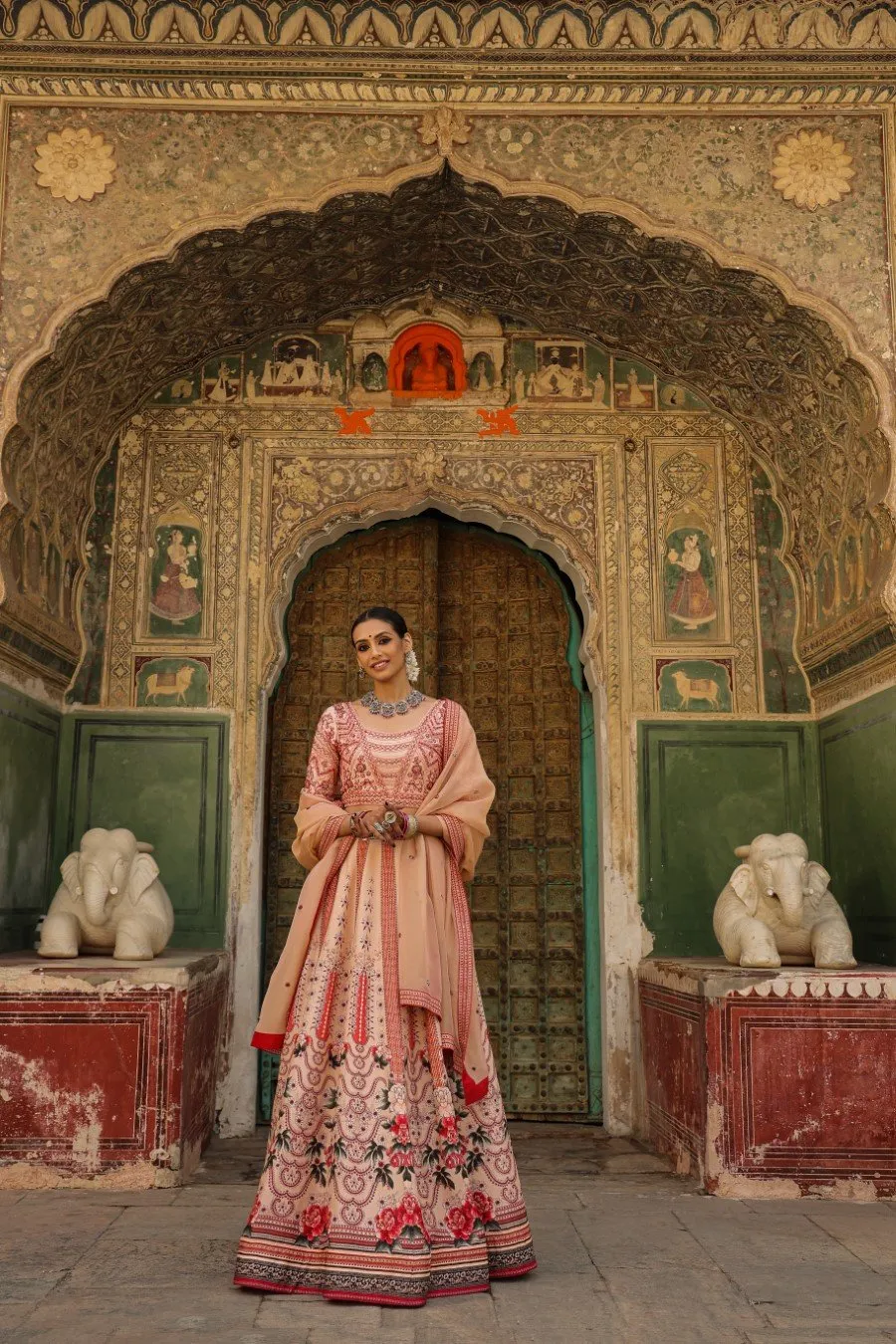 Peach Mughal Raw Silk Lehenga Set