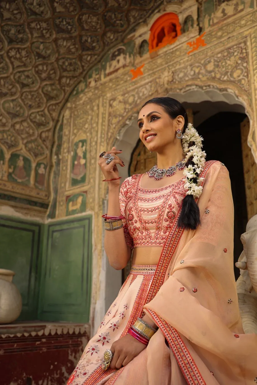 Peach Mughal Raw Silk Lehenga Set