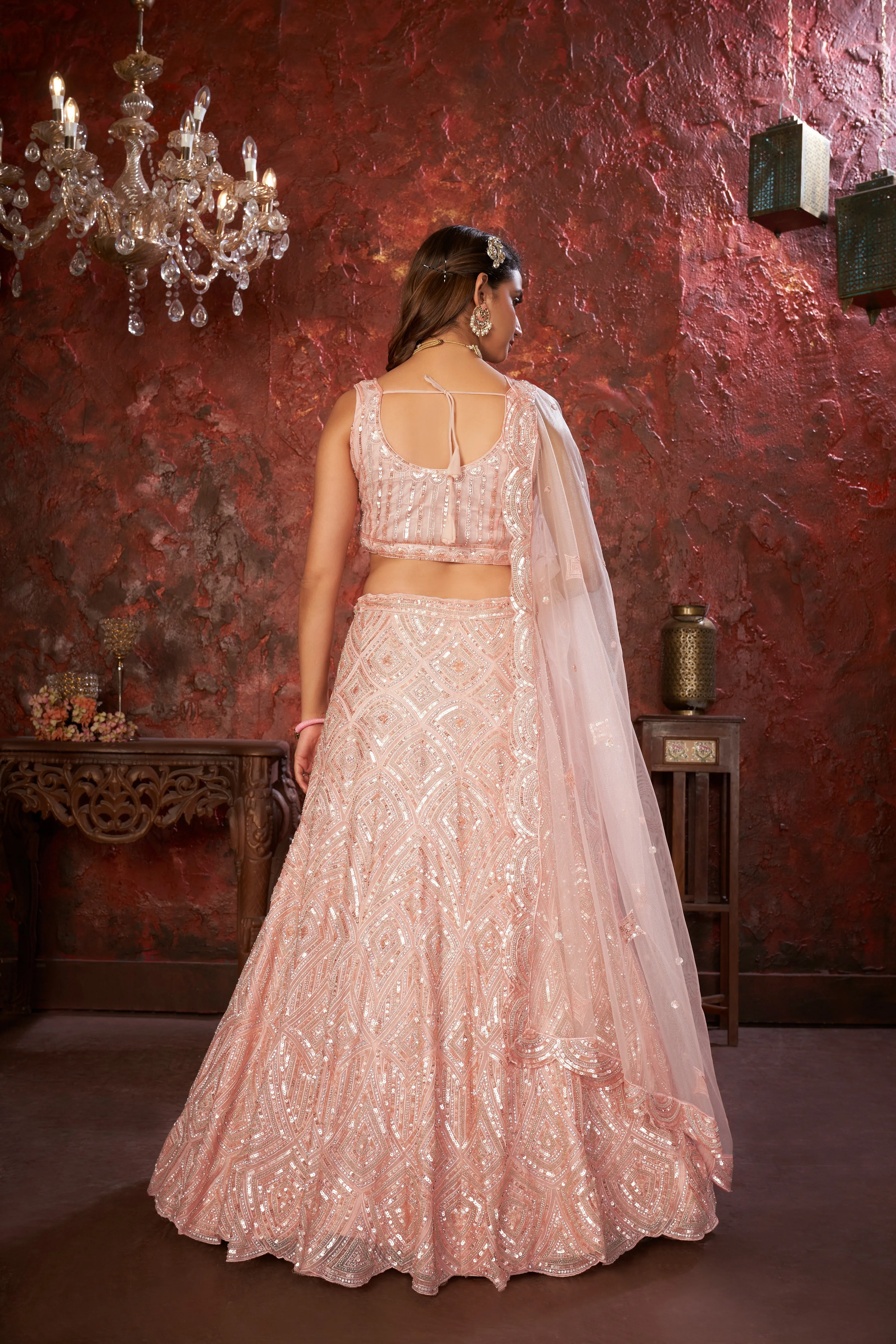Peach Sequin Embroidered Lehenga Choli Set - Regal Elegance - Designer Wear
