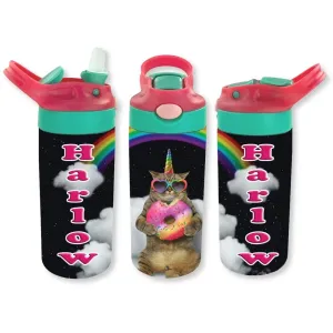 Personalized Kids' 12oz Double Walled Stainless Steel Bottle - Cat with Doughnut