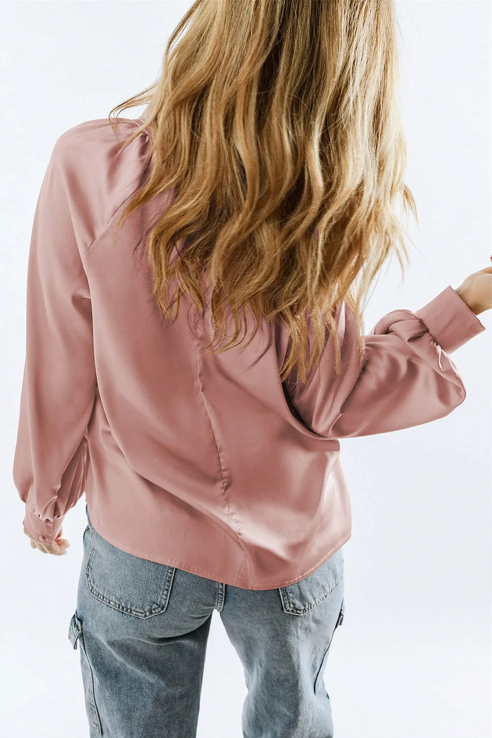 Pink Elegant Keyhole Long Sleeve Satin Blouse