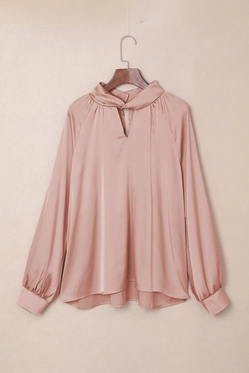 Pink Elegant Keyhole Long Sleeve Satin Blouse
