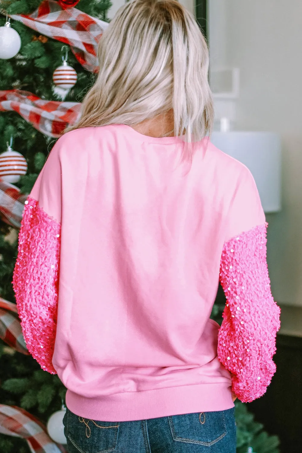 Pink Santa Claus Sequin Sleeve Crewneck Sweatshirt