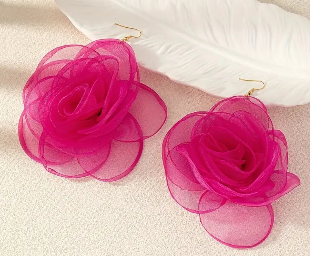 Pink tulle flower Earrings