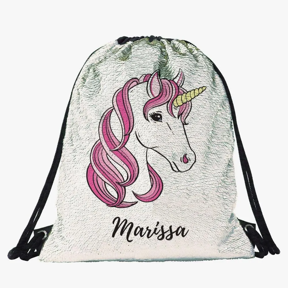 Pink Unicorn Custom Kids Flip Sequin Drawstring Backpack