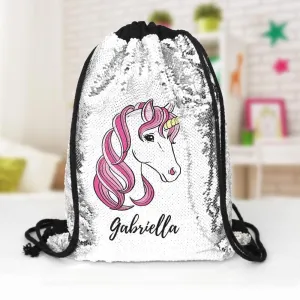 Pink Unicorn Custom Kids Flip Sequin Drawstring Backpack
