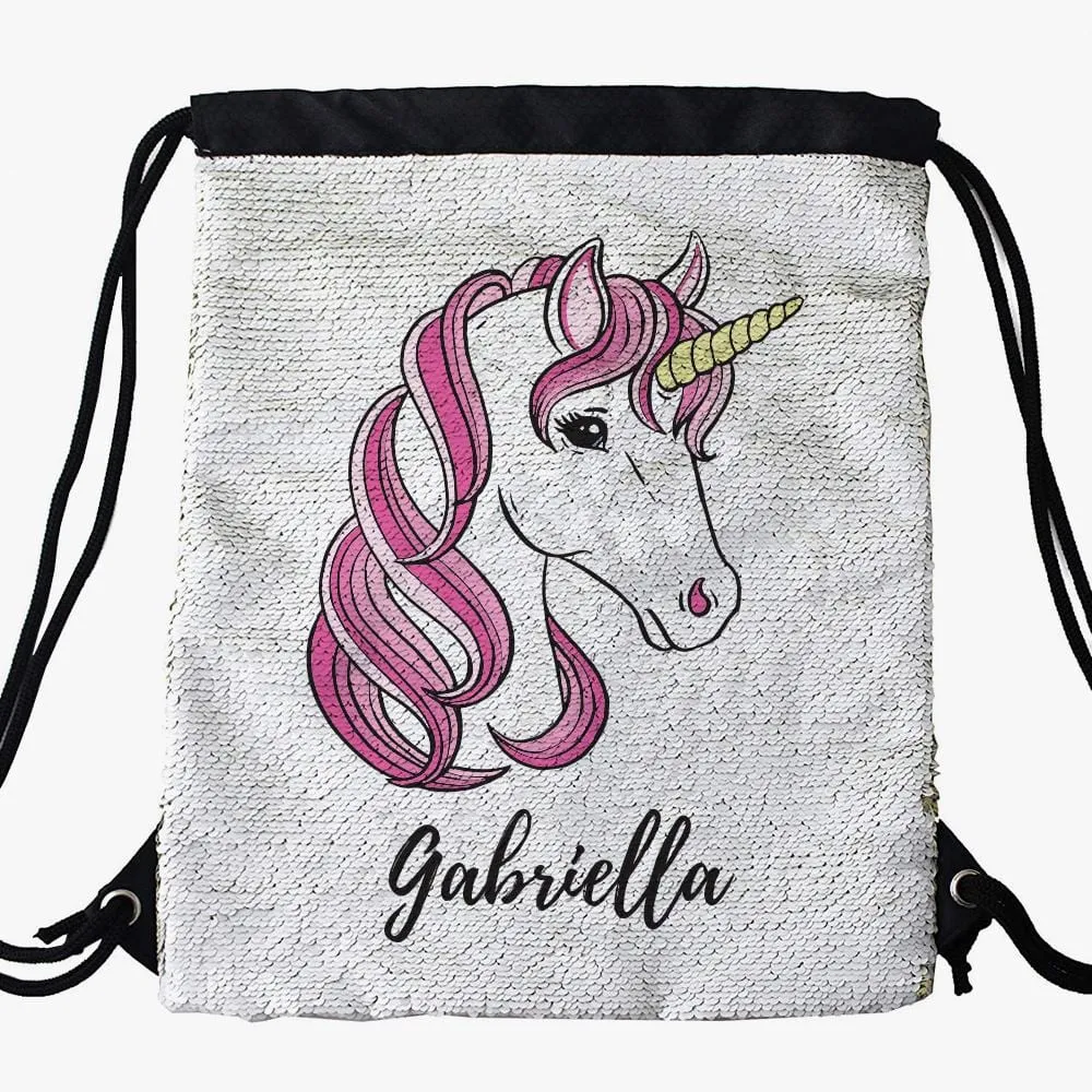 Pink Unicorn Custom Kids Flip Sequin Drawstring Backpack