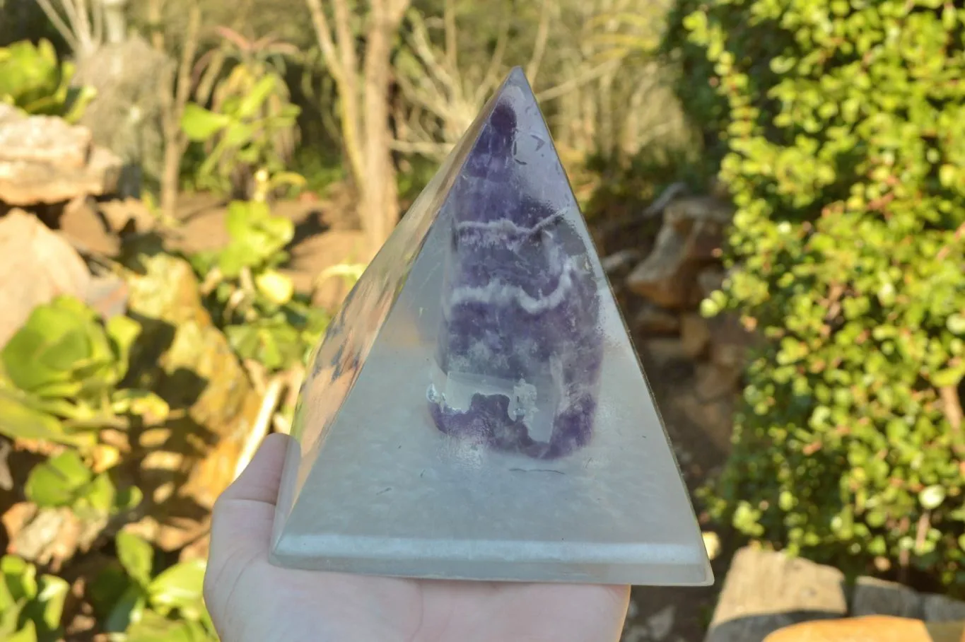 Polished Amethyst Set In A Clear Resin Pyramid With Light Stand x 1 From Southern Africa