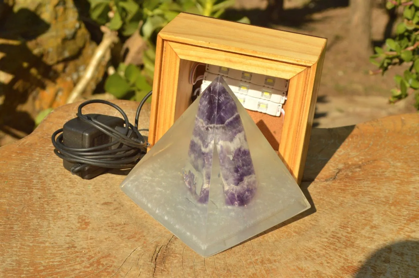 Polished Amethyst Set In A Clear Resin Pyramid With Light Stand x 1 From Southern Africa